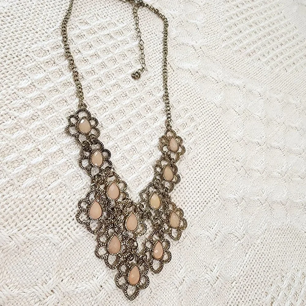Gold Flower Faceted Light Pink Teardrop Accent Statement Bib Necklace